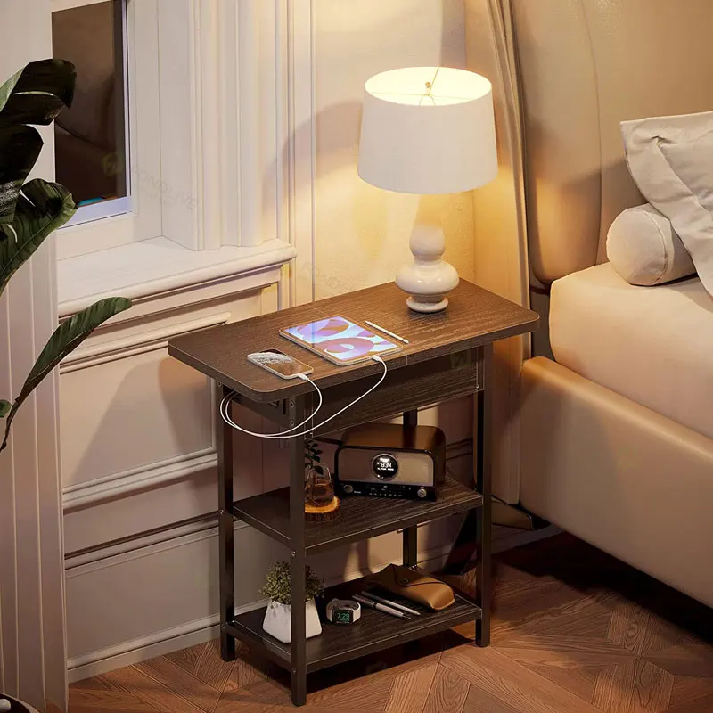 Black contemporary morden luxury natural wood sofa end side coffee table with charging shelf for bed rooms