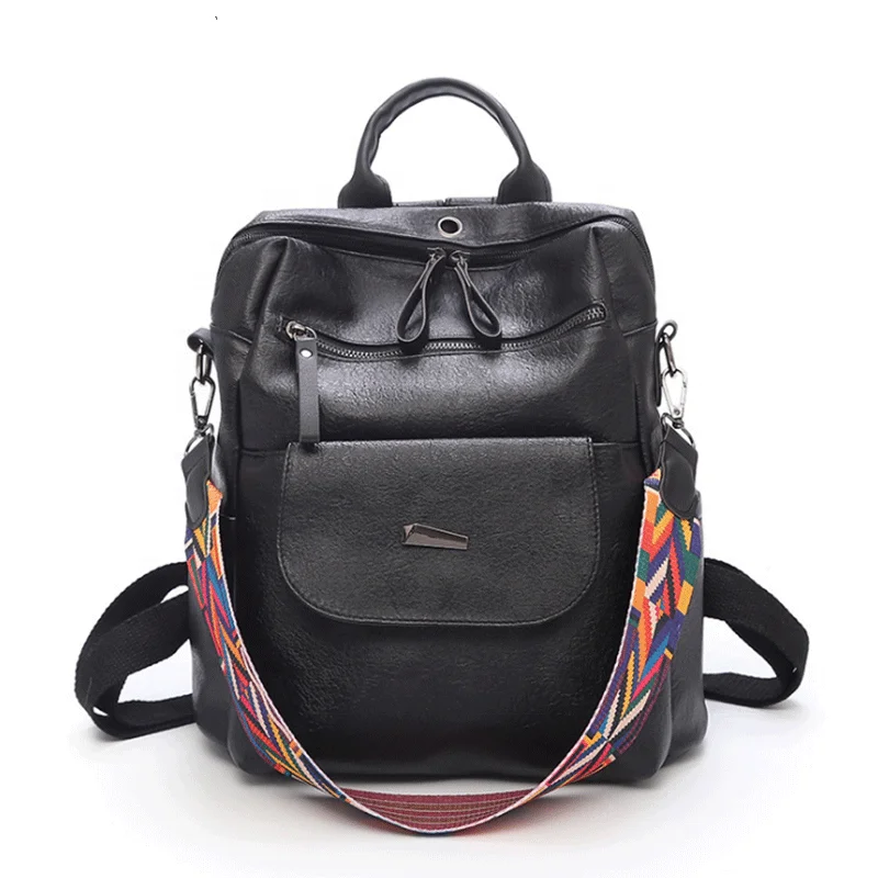 New Fashion Boho Colorful Strap PU Leather Women Solid Color Soft Travel Trumpet Backpack