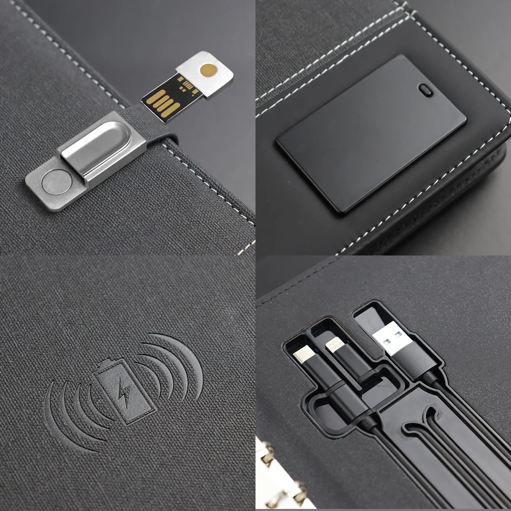 Multi-functional A5 Wireless Charging Notebook With speaker  USB Flash Drive Power Bank Leather Smart Notebook For Business Gift