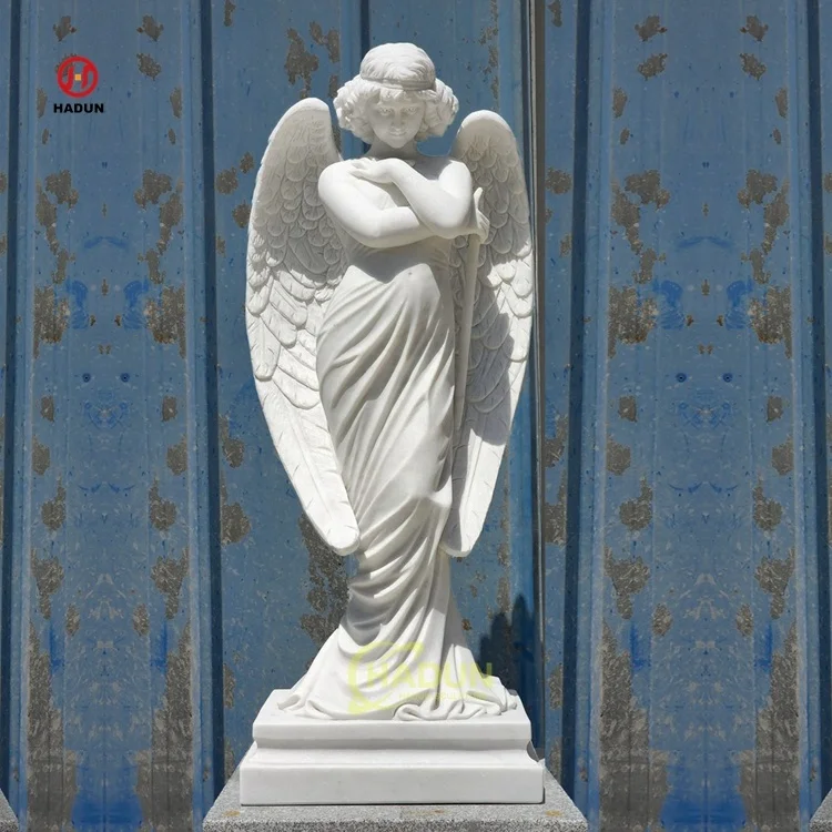 Large Outdoor Garden Hand Carved Natural Stone Wings Sculpture White Marble Angel Statue