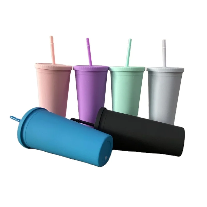 Reusable double walled plastic Pastel Colored BPA Free Venti 22oz matte acrylic tumbler drinking Cup with Lids and Straws