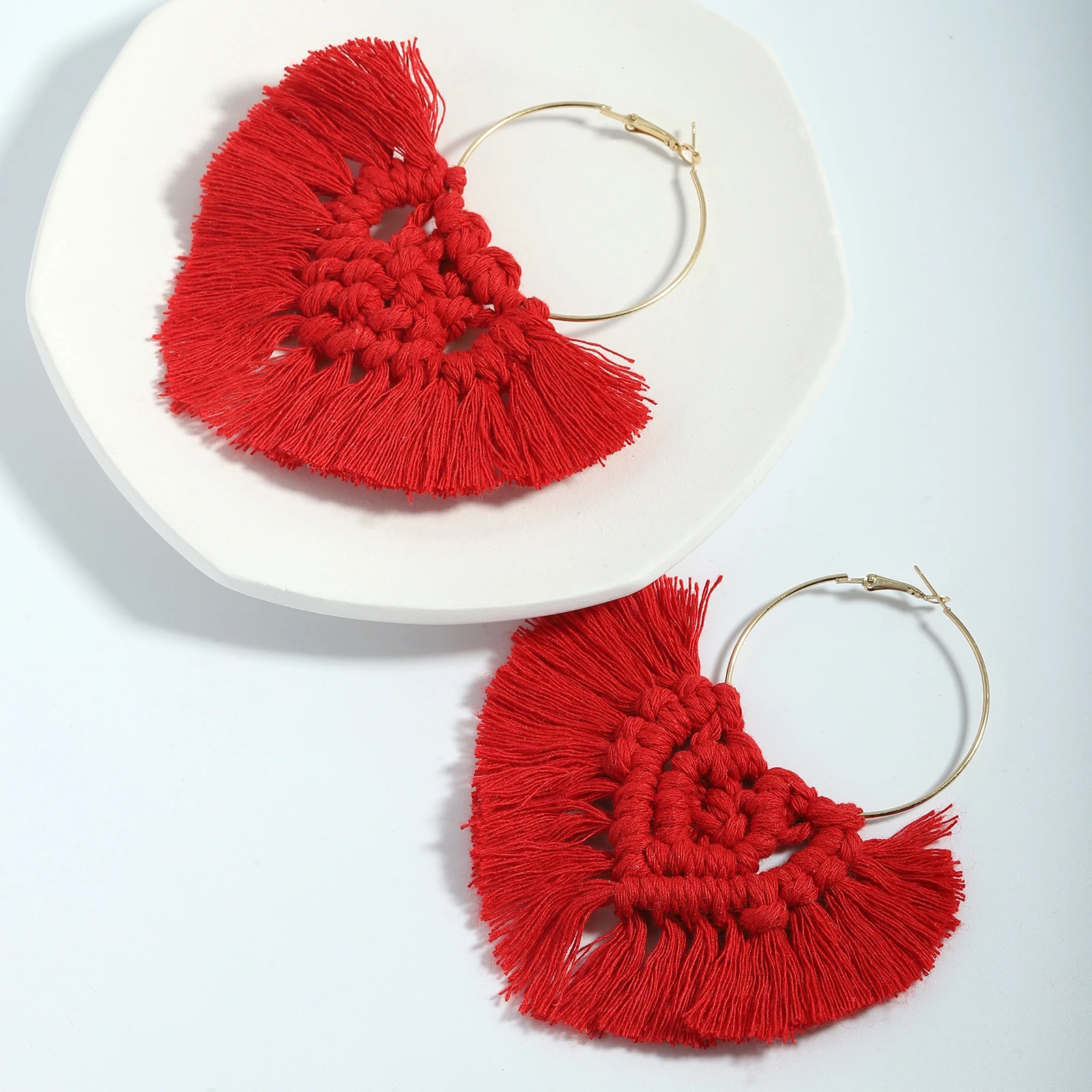 
Barlayc 2021 Fashion Earrings Trend 2021 Statement Design Macrame Wood Weave Dangle Earrings Good Hoop Color Drop Tassel Earring 