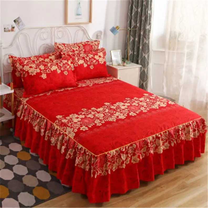 3Pcs Printed Bedding Set Soft Bed Skirt Wedding Bedspread Full Twin Queen King Size Sheet Mattress Cover Bedsheets