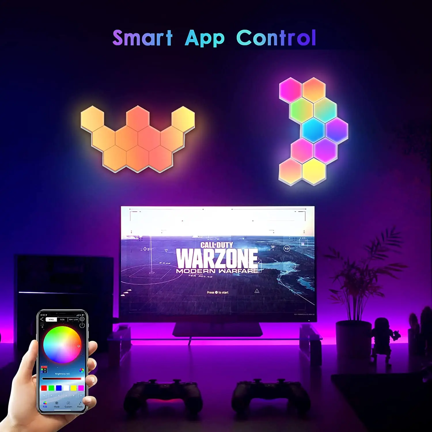 JEJA Rainbow Gaming Room Desk Ambient Led Lights 16 Million Dream Colors Hexagonal Led Wall Lights Music Sync RGB Wall Panels