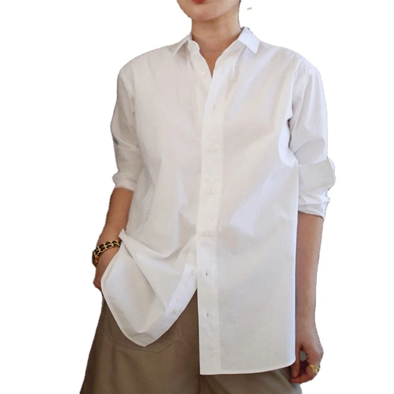 Modest blouses & shirts White Women Loose Cotton Oxford Oversize Blouse for Lady Wear