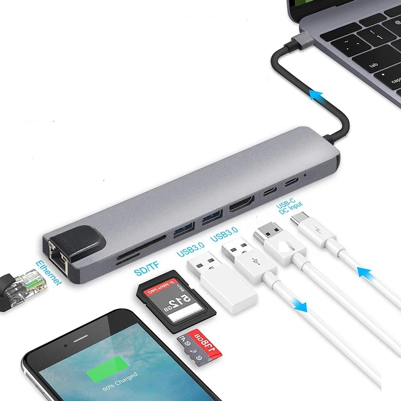 8 In 1 Laptop HUB PD Charging Gigabit Ethernet SD TF Card Reader 5Gbps USB 3.0 Type-C Expansion Docking Station Multi Ports Hub