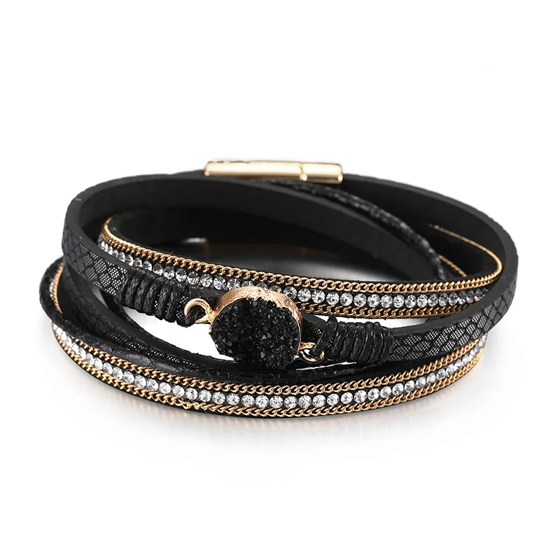 Ethnic Multi Layered Leather Druzy Stone Charm Bracelets Handmade Quartz Crystal Leather Bracelet