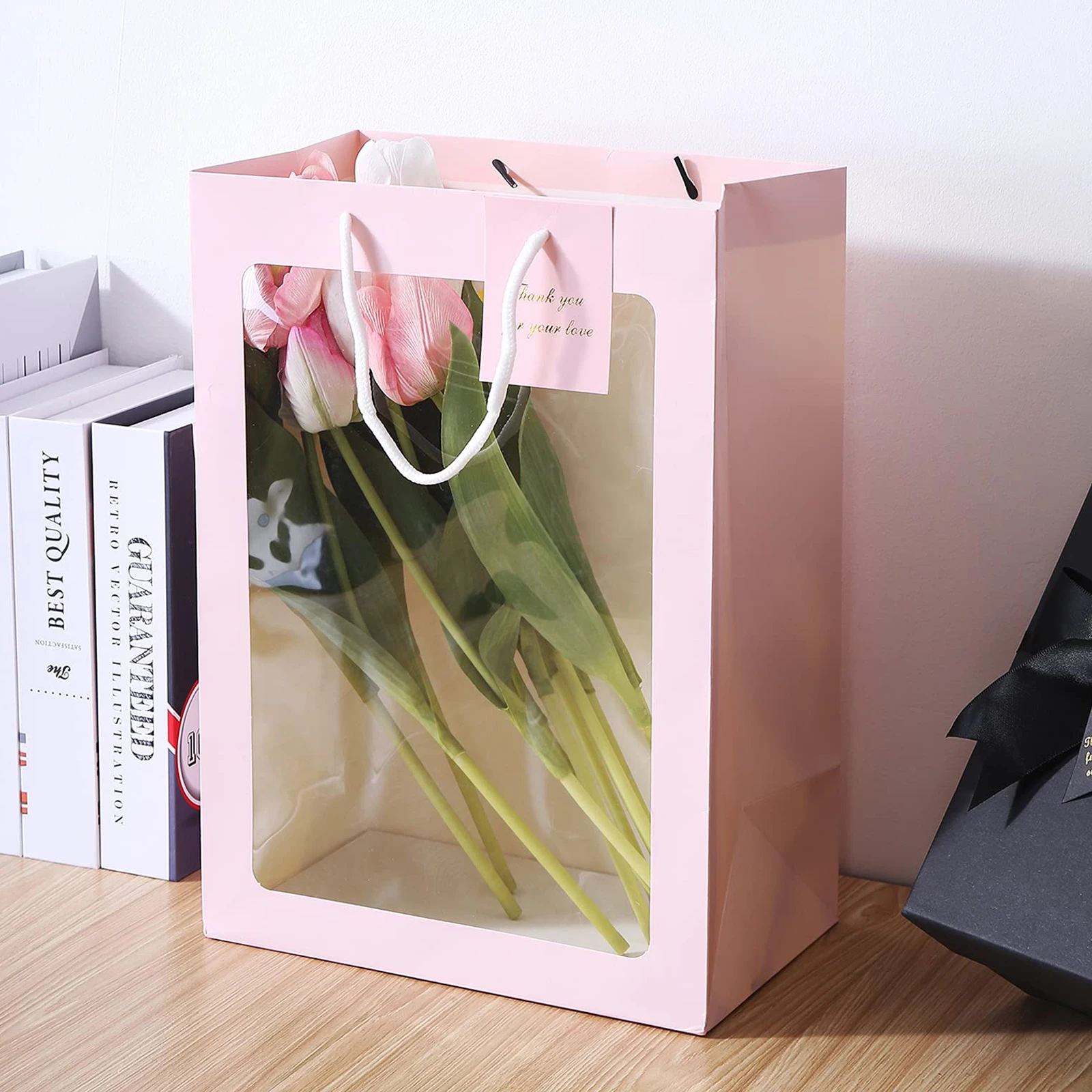 Clear Window Gift Toys Packaging Bag Bouquet Paper Carry Hanging Gift Bags For Luxury Flowers