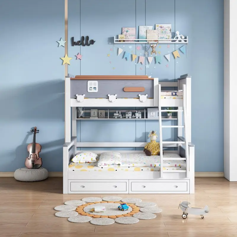 Cheap Kids Bedroom Furniture Solid Wood Cartoon Bed Children Bunk Bed for Stair Storage Study Table With Slide