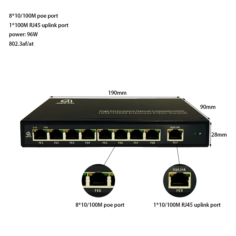 unmanaged 8 poe 100M port with 1*100M uplink RJ45 Ethernet port smart poe switch for cctv camera