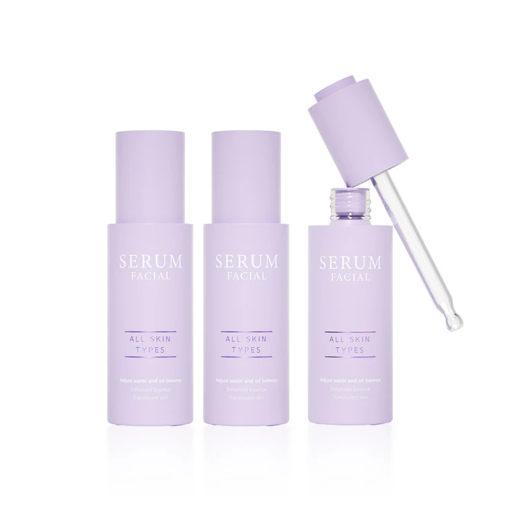 purple pink thin tall 30ml glass bottle facial oil bottles with push button dropper top