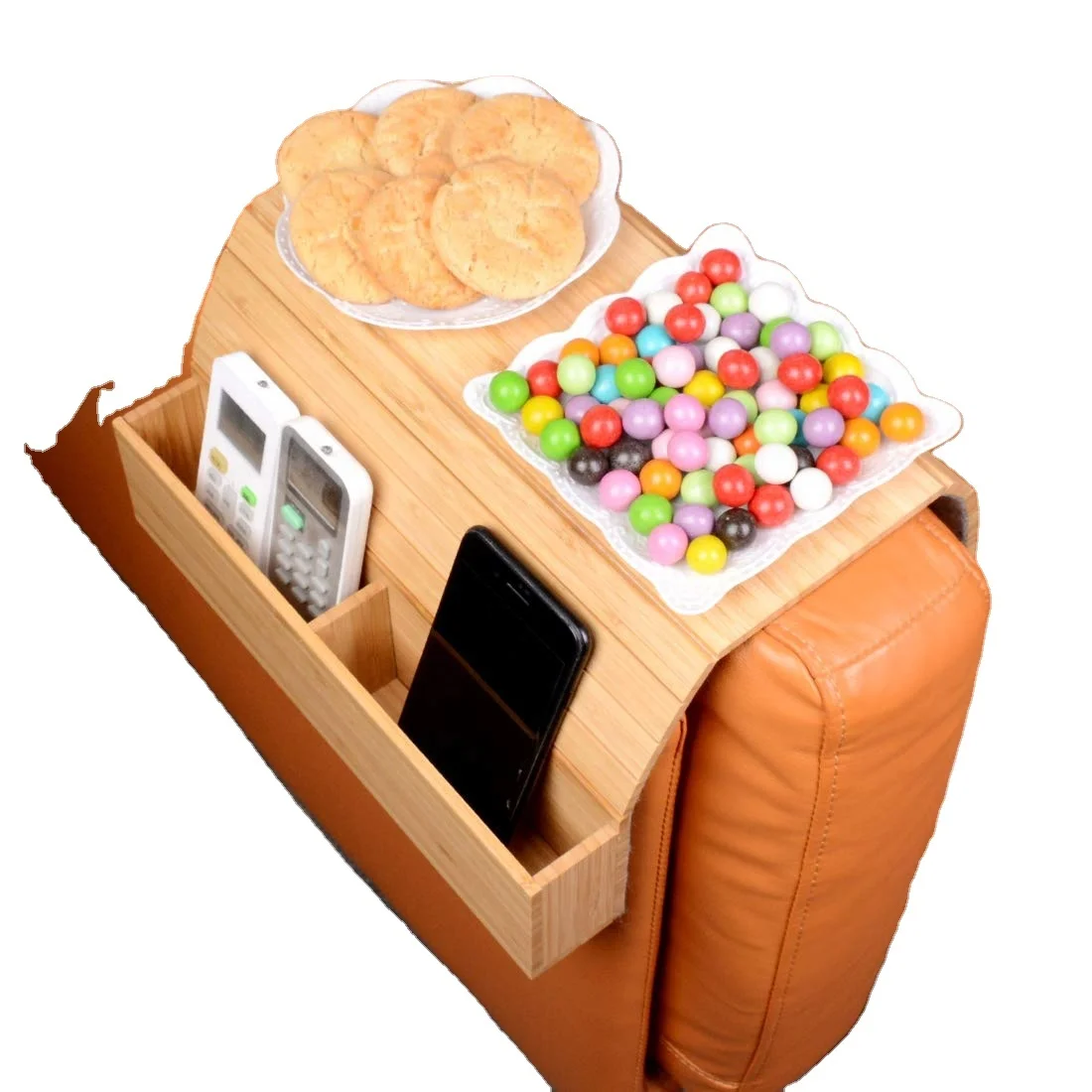 Custom new Foldable sofa cup holder with box foldable bamboo sofa couch arm storage tray table