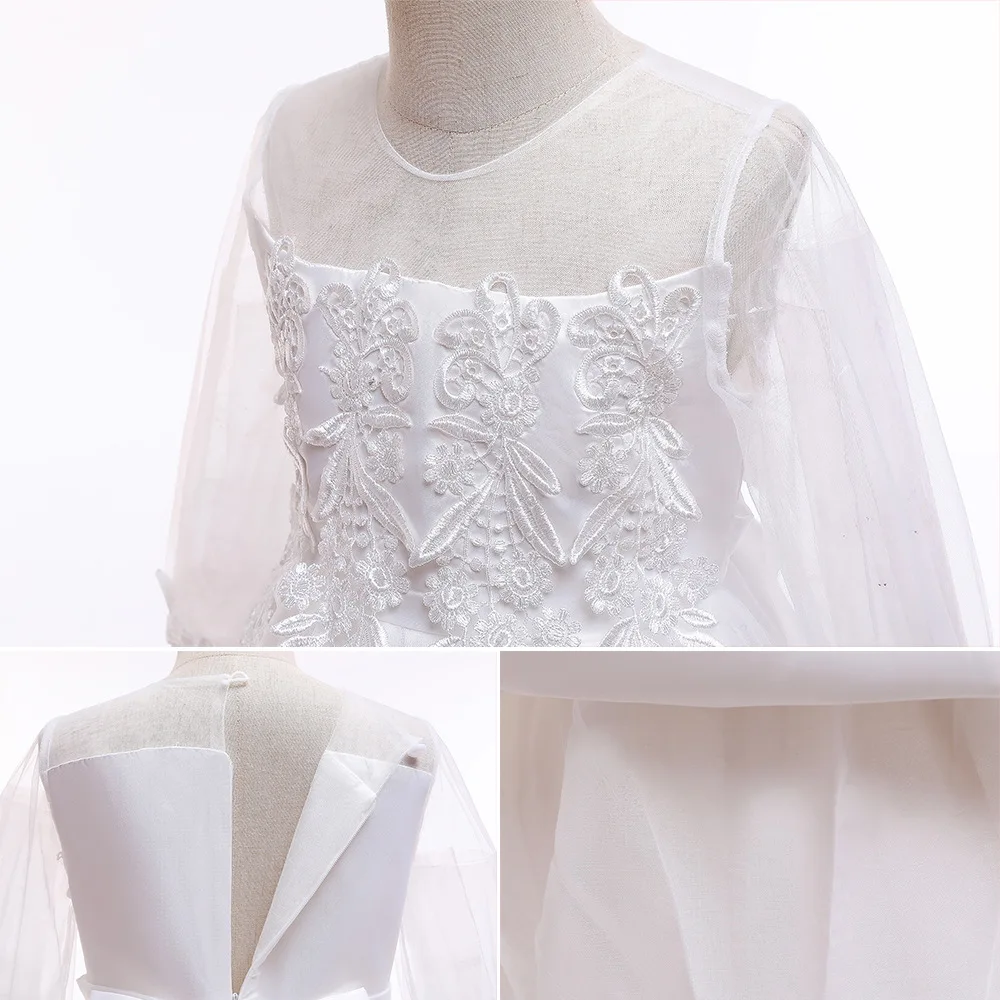 White flower girls birthday party long sleeve embroidery lace piano performance puffy tulle princess dress