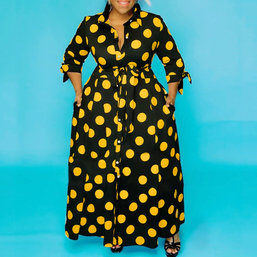 Summer Polka Dot Printed Vintage Sashes African Women Office Career Dress