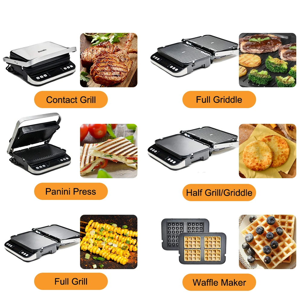 Automatic 6 Cooking Presets Stainless Steel Temperature Control Panini Sandwich Maker Waffle Plates Reversible GRILL GRIDDLE