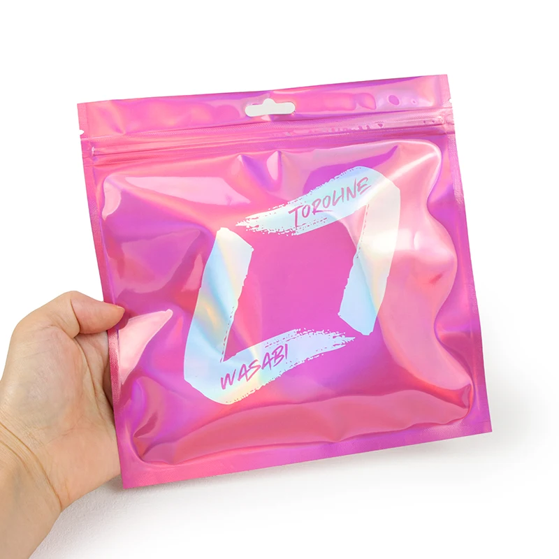 Holographic Jewelry Pouch Holographic Glossy Reflective Zipper Bags With Hang Hole  Digital Print Mylar Bag