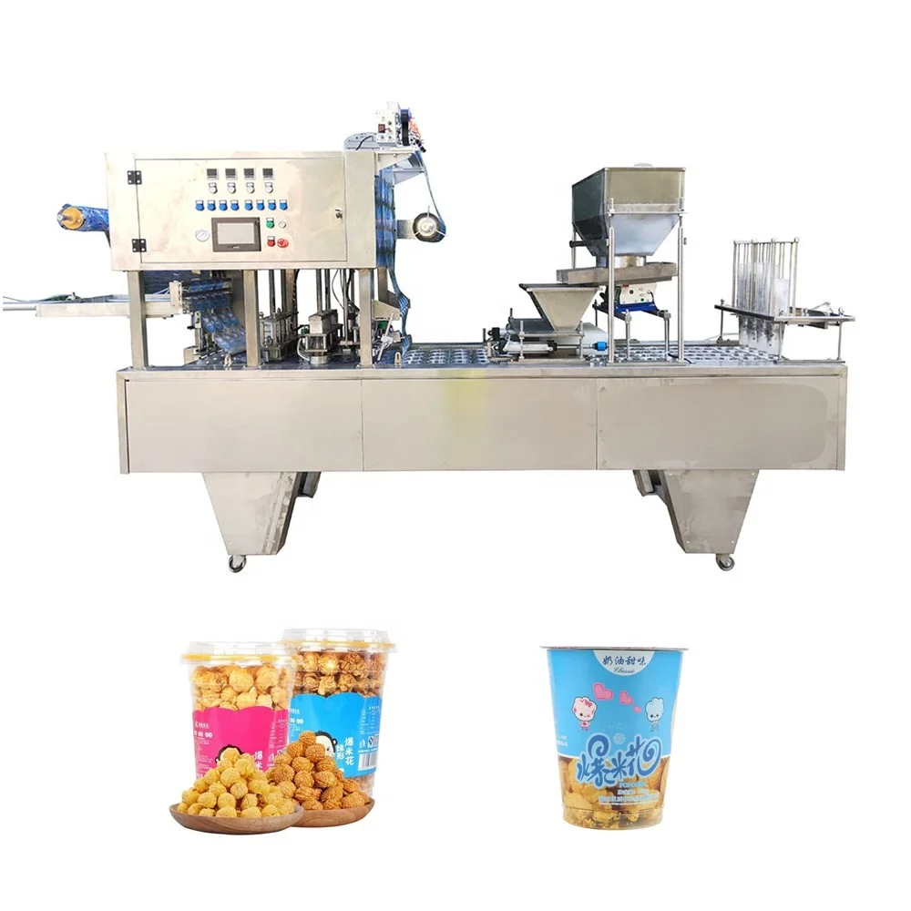 CE Approval Popcorn Potato Chips French Fries Plastic Paper Cup Automatic Filling And Sealing Machine Manufacturer