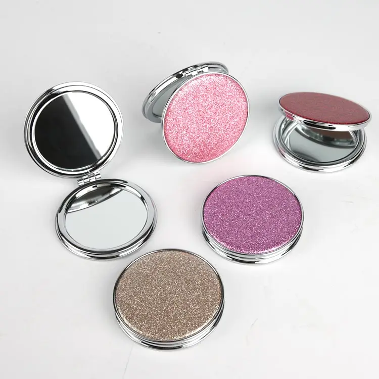 2X/1X Magnifying Travel Makeup Silver Crystal Diamond Double-Sided Folding Vanity Cosmetic Mirror With Glitter