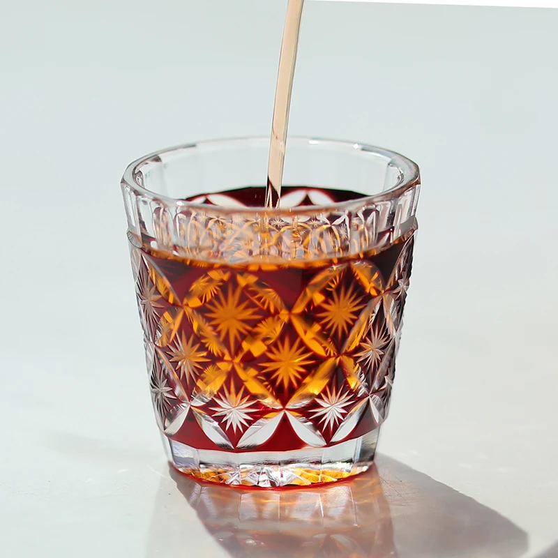 Hand Blown Hand Carved Sake Glass Japanese Style Beautiful Patterns Liquor Shot Glass Blue&Red&Purple Color Overlay Glass