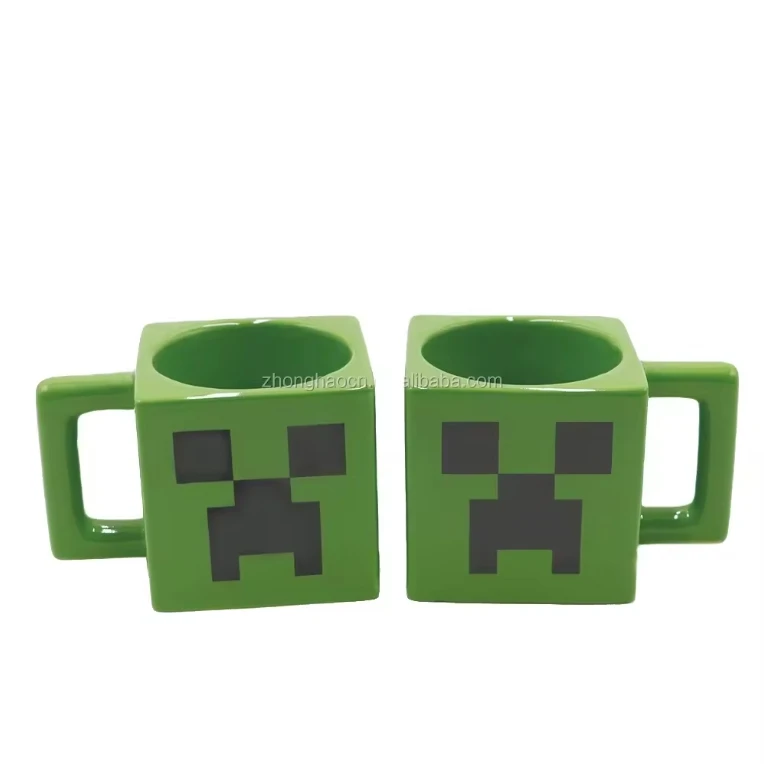 Four Square Decal Mug Green Party Contemporary Plain White Coffee Mugs Glazed New Bone China Ceramic Sustainable HANDGRIP 2-3pcs