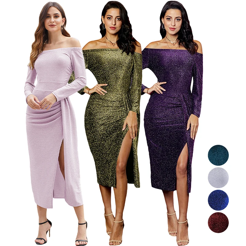  Wholesale Gowns Dresses Women Long Sleeve Prom Party Maxi Sequin Evening