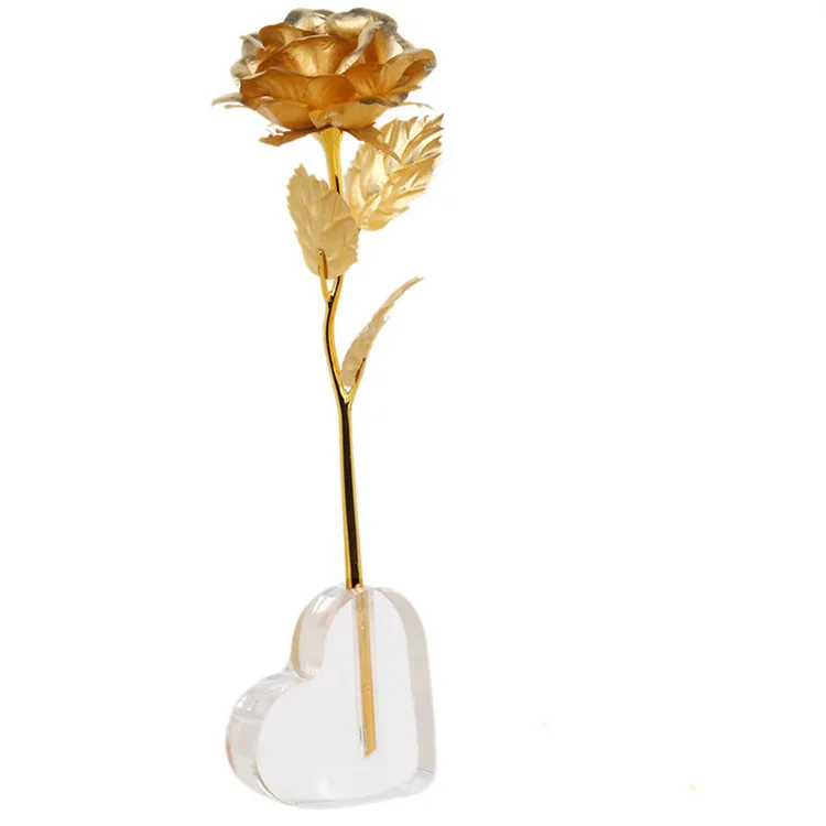 clear Acrylic Flower display stand Heart Shape Transparent Holder Support bud Vase for Single Stem Plated 24K Rose Flower