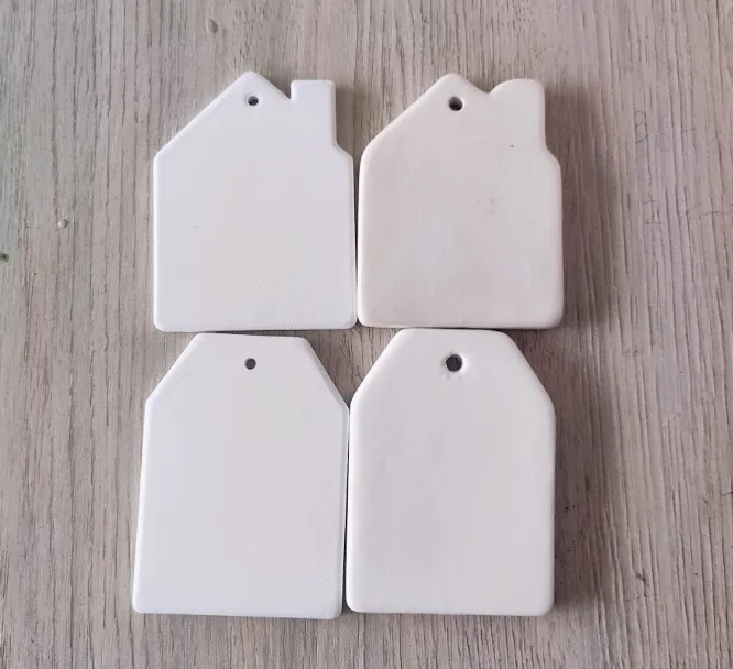 Christmas supplier custom ceramic white blank plain  Xmas tree decoration various house shaped hanging ornaments for sublimation