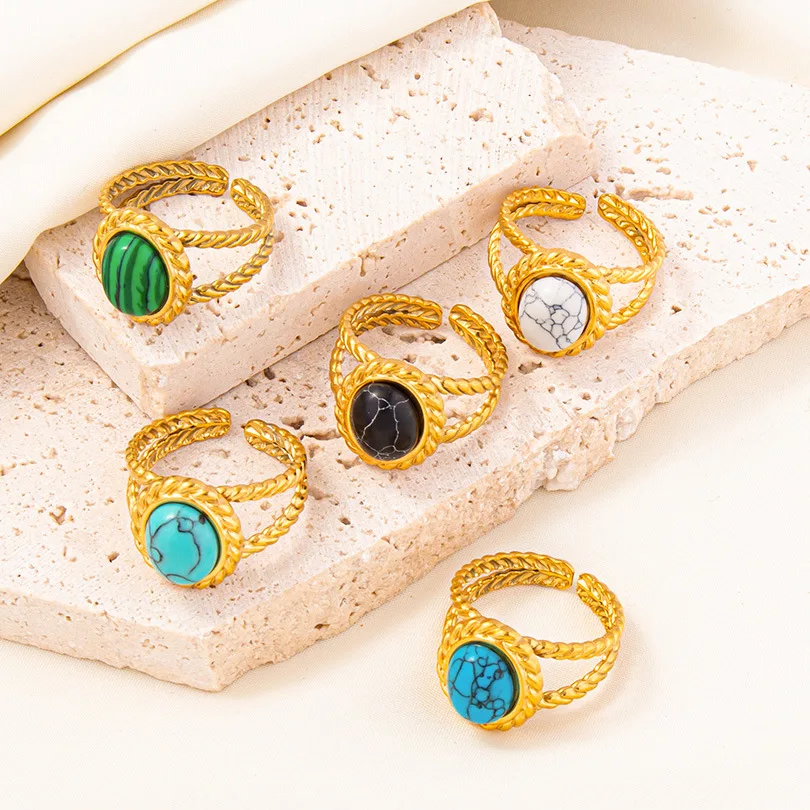 304 stainless steel ring titanium steel ring geometric shape female and male simple fashion design adjustable turquoise ring