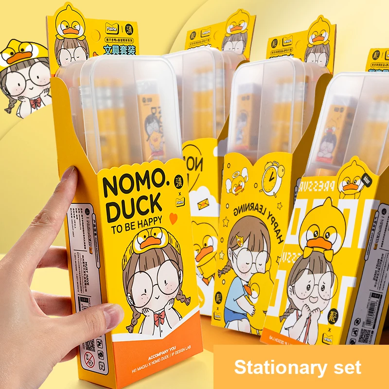 
Maihe Nomo duck Back To School Children Cute Cartoon Kids Pencil Gift School Supplies Pencil Ruler Eraser Stationery Set 