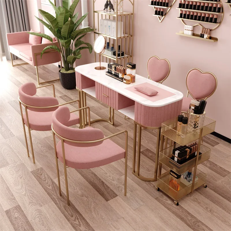 Fashion Marble Nail Table And Chair Set,Single Double Golden Iron Manicure Table Set