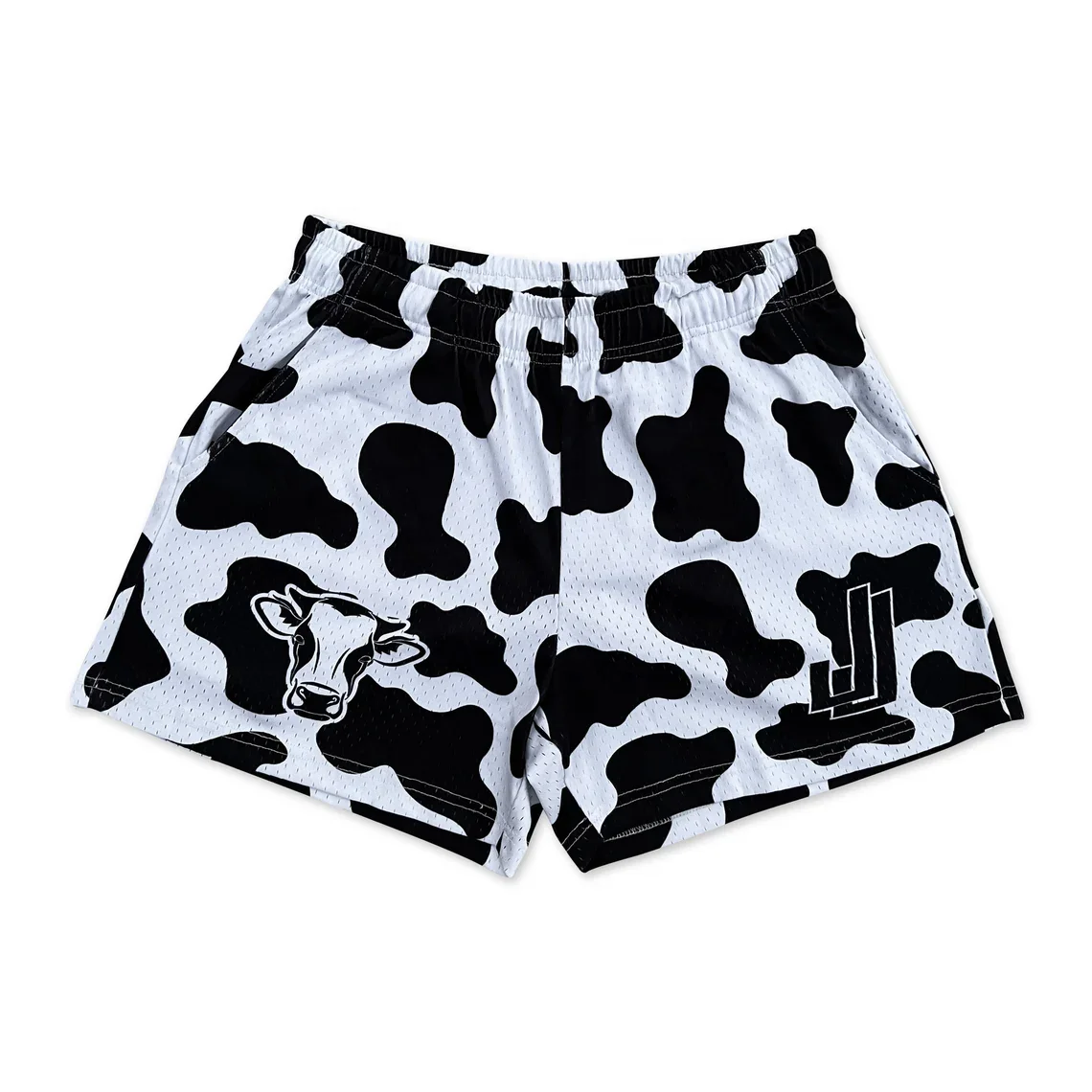 black white cow sublimation design mesh basketball shorts