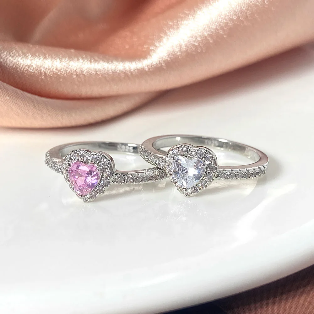 FOXI 925 Sterling Silver Ring  Zircon Waterproof Wedding Pink Heart cubic zirconia Silver Engagement Ring for women