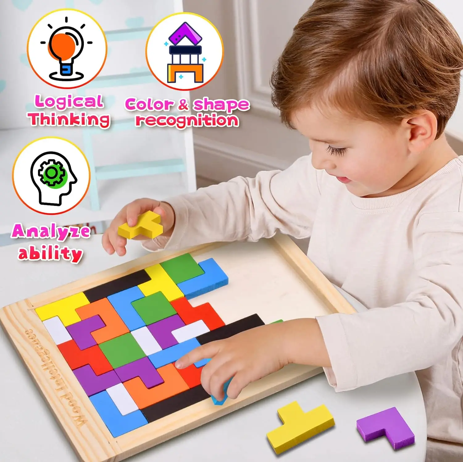 Wooden Puzzles for Kids Ages 4-8 8-10 Thick Colorful 3D Russian Blocks and Brain Teaser Tangram Jigsaw