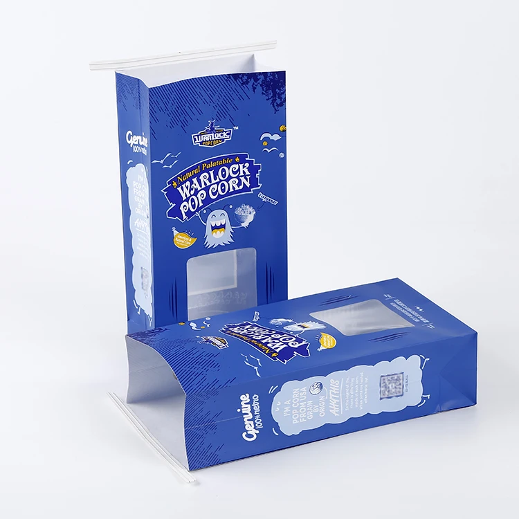 Wholesale Clear Window Chocolate Colored Popcorn Kraft Paper Bag Bakery Dessert Food Bag Side Gusset Bags With Tin Tie