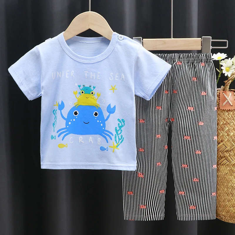 Summer Cartoon Kids Pajamas Clothes Sets T-Shirt Tops Pants Suit for boys with Factory Price