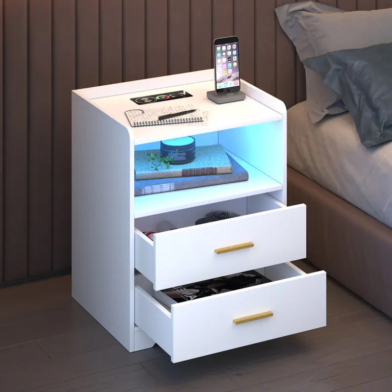 Custom Wholesale Led Nightstand With Charging Station And Two Drawers Multifunctional Nightstand For Bedroom And Living Room