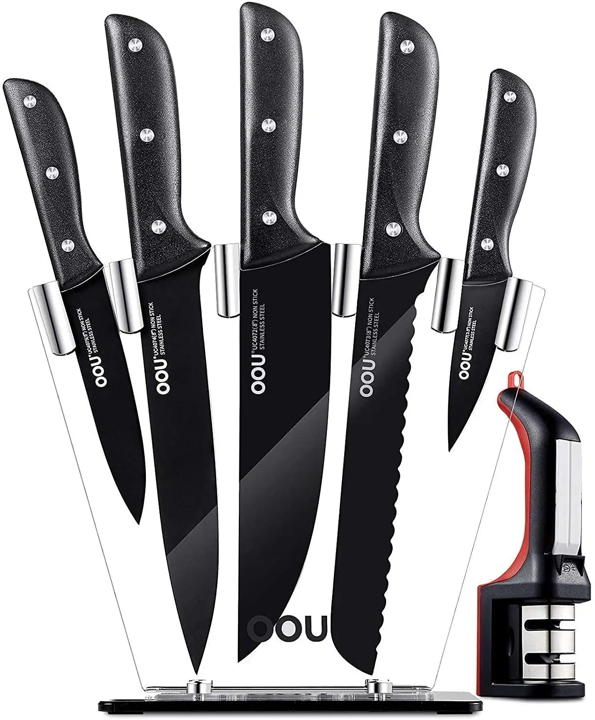 OOU lo mas vendido BO Oxidation Patent Black Chef Series Kitchen Knives Set with Knife Sharpener