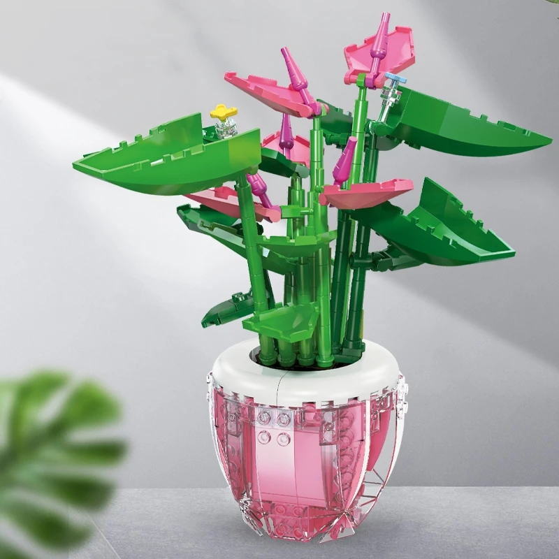 JIE STAR 92361 строительные блоки в горшках цветы Креативные украшения для офисного стола рождественские подарки розовый пальмовый цветок
