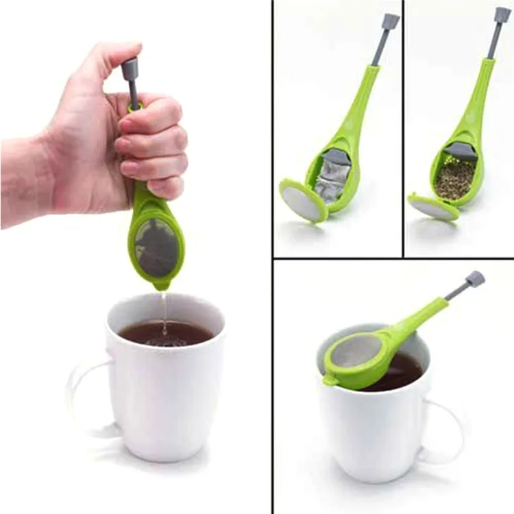 Hot Sale Food Grade Tea&Coffee Strainer Tea Infuser Gadget with Push Handle Drip Tray  Plastic Tea Filter