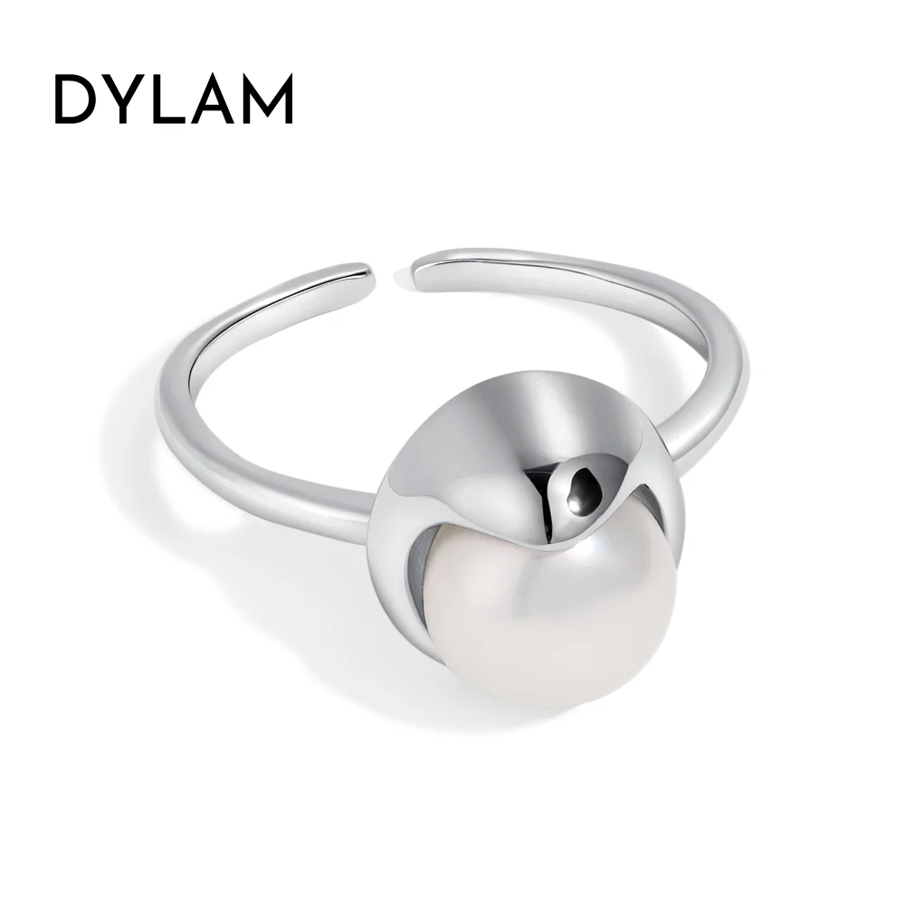 Dylam Elegant Vintage Adjustable 18k Gold Plated Round 8 Mm Big Shell Pearl Solitaire 925 Sterling Silver Rings Women Ladies