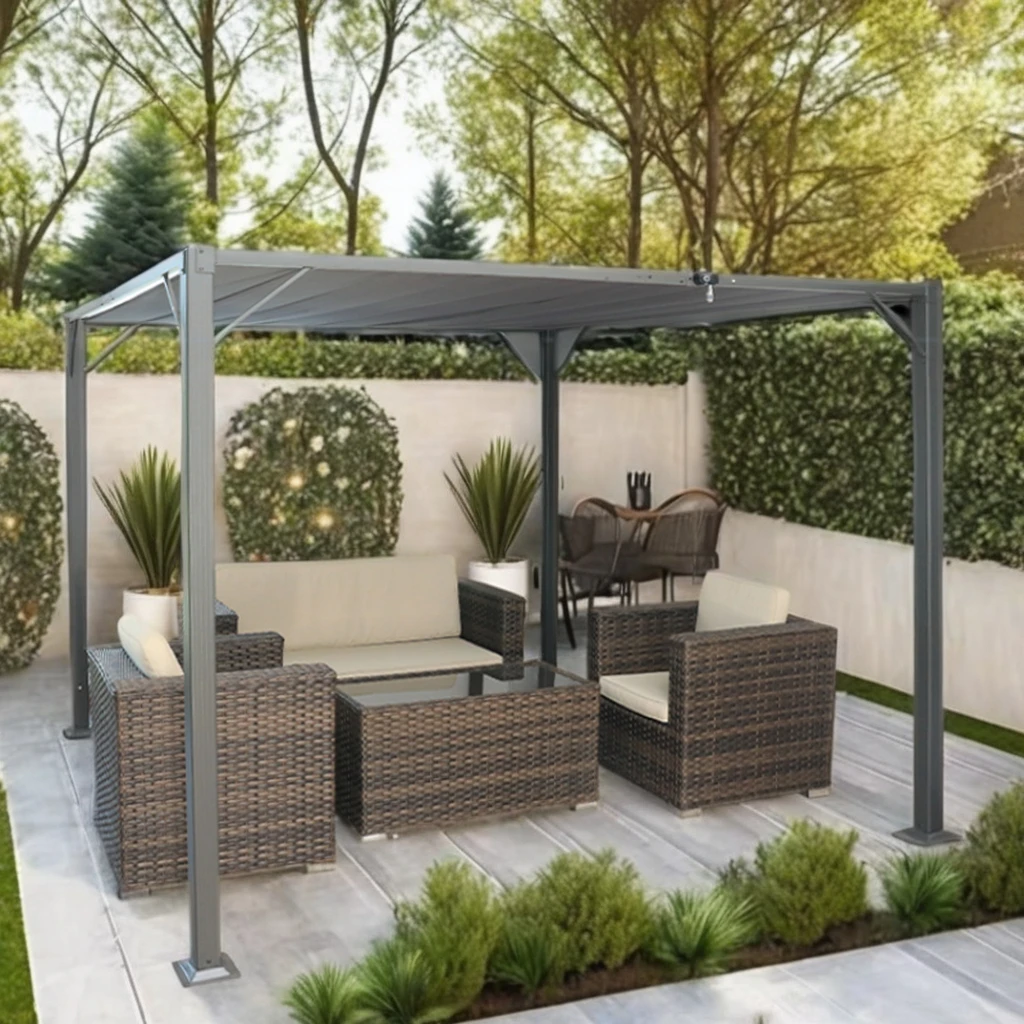 Aluminium Garden Pergola with Manual Retractable Zip Track Waterproof Outdoor Gazebo Sun Shade for Backyard Courtyard