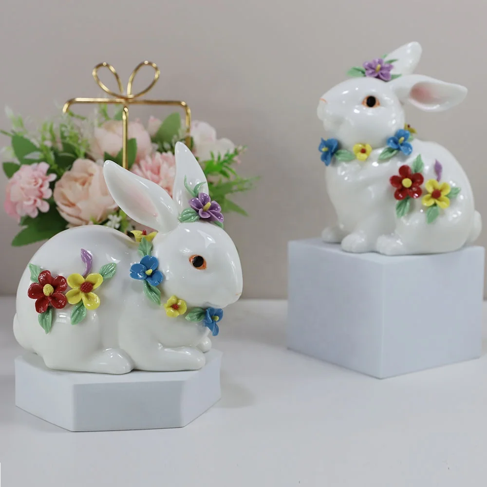 Factory Wholesale Ceramic Easter Rabbit Ornaments Easter Bunny Rabbit Figurines Statue for Home Decor