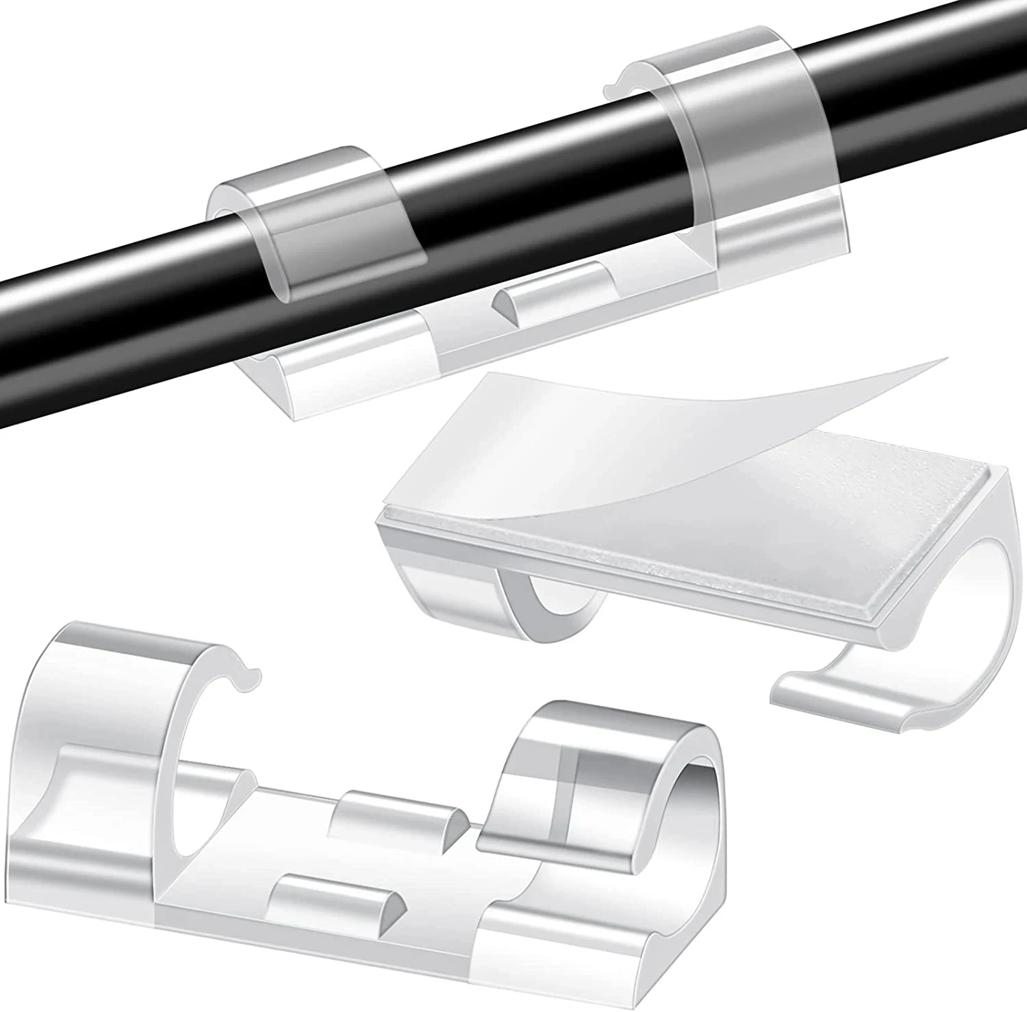 Pack of 20 Self-Adhesive Cable Clips Organizer Drop Wire Holder Cord Management Transparent