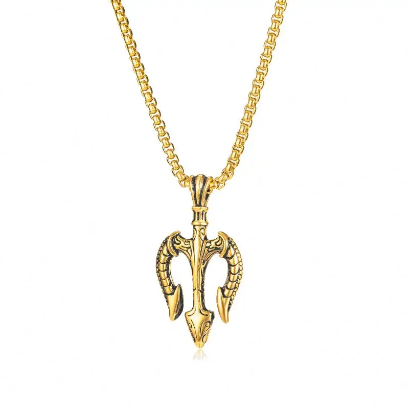 Retro Sea King Trident Pendant Stainless Steel Necklace Gold Plated Creative Hip Hop Titanium Steel Necklace For Men