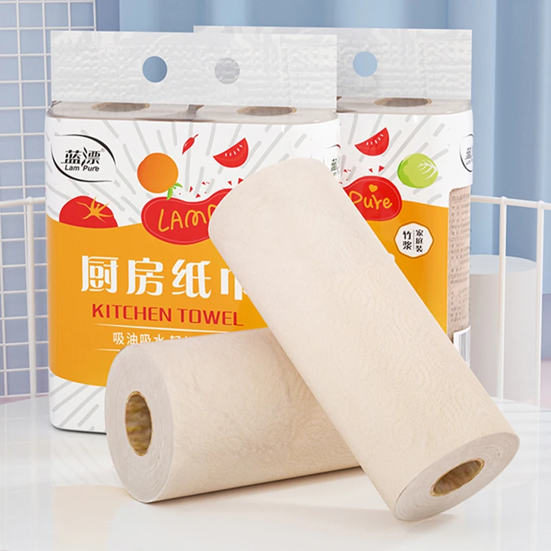 Lampure kitchen paper standard roll disposable oil cleaning paper towel virgin bamboo pulp tissue paper strong absorbent OEM