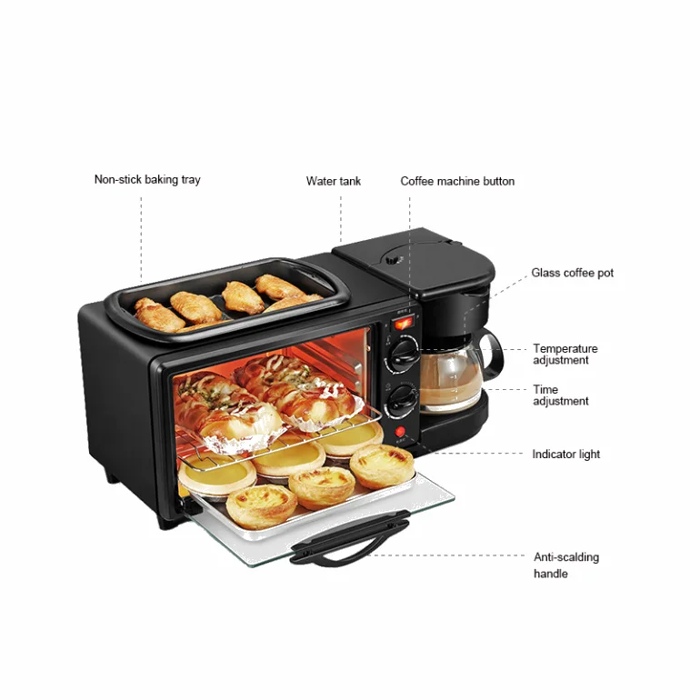 Factory 3 in 1 Home Breakfast Maker 9L Set Egg Cake Maker Crepe Baking Machine 3 in 1 Breakfast Makers with Oven Pan Coffeepot