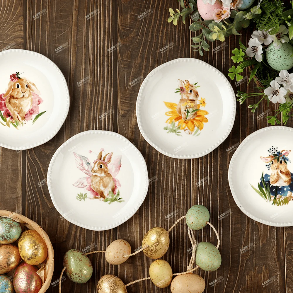 Caroline Design Rabbit and Floral Series Ceramic Dinnerware for Easter