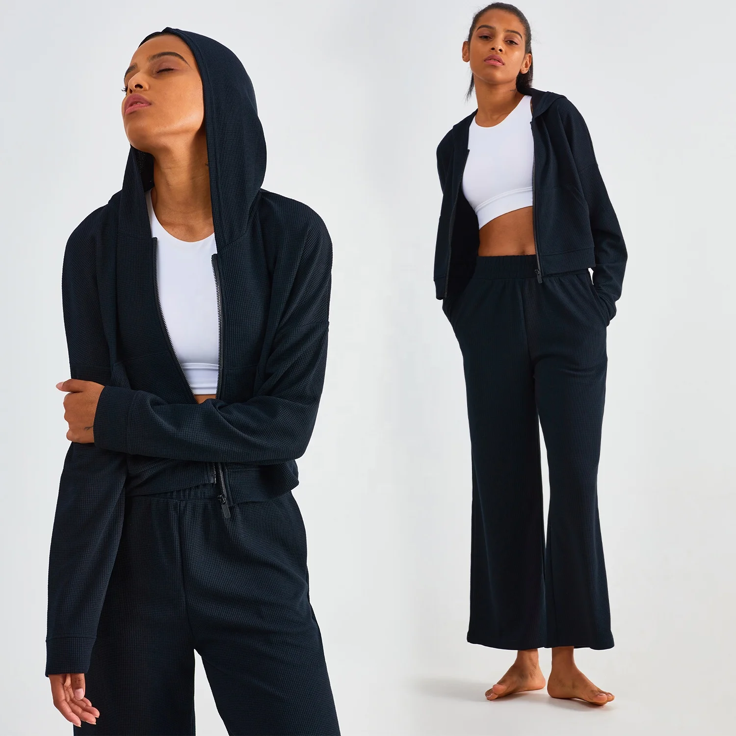 2 Pieces Waffle Pattern Side Pockets Hooded Jackets Women Adjustable Loose Pants Set