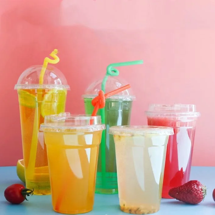 Disposable Clear Boba Juice Milktea Plastic Cups With Flat And Dome Lids 5oz 6oz 8oz 24oz 32oz