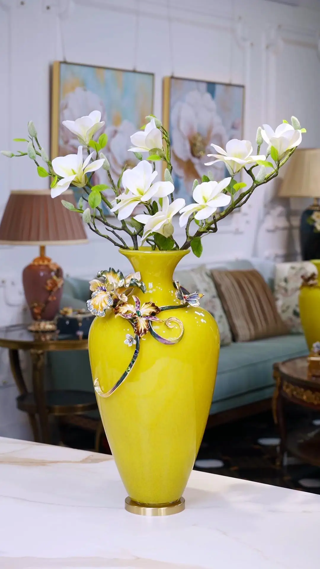 RORO Vases flower modern luxury home decorative lucky year tall yellow colored glass fresh dry flower vase for home decoration